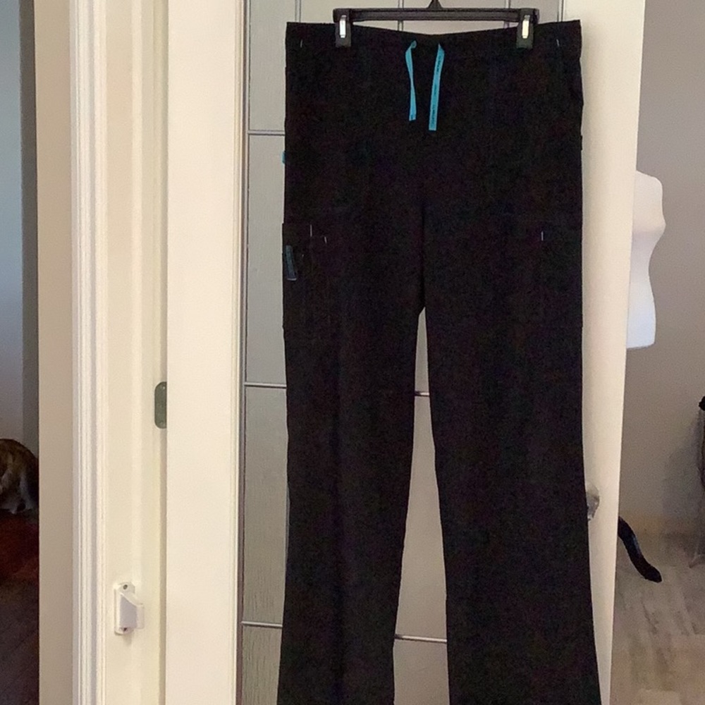 Black and blue scrub pants.